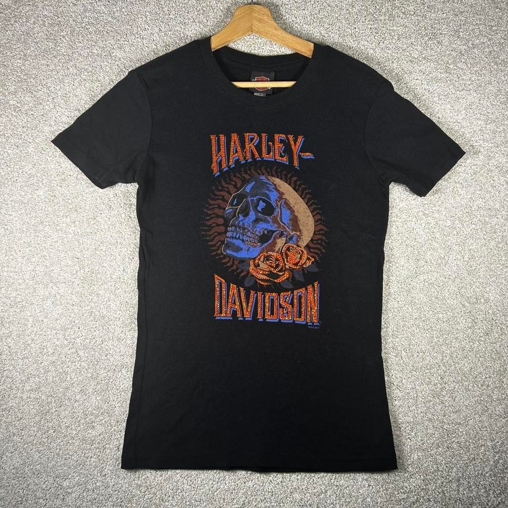 Y2K women's Harley Davidson skull rhinestone babydoll fit t-shirt Size S